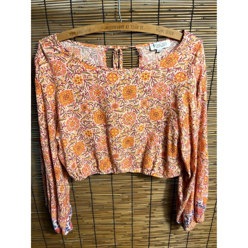 Rachel Zoe Floral Paisley Cropped Blouse Orange Pink XS Tie Back Long Sleeve C17